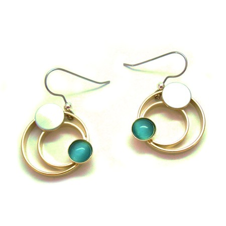 Gold plated Circle Earrings with Bright Blue Catsite - Click Image to Close